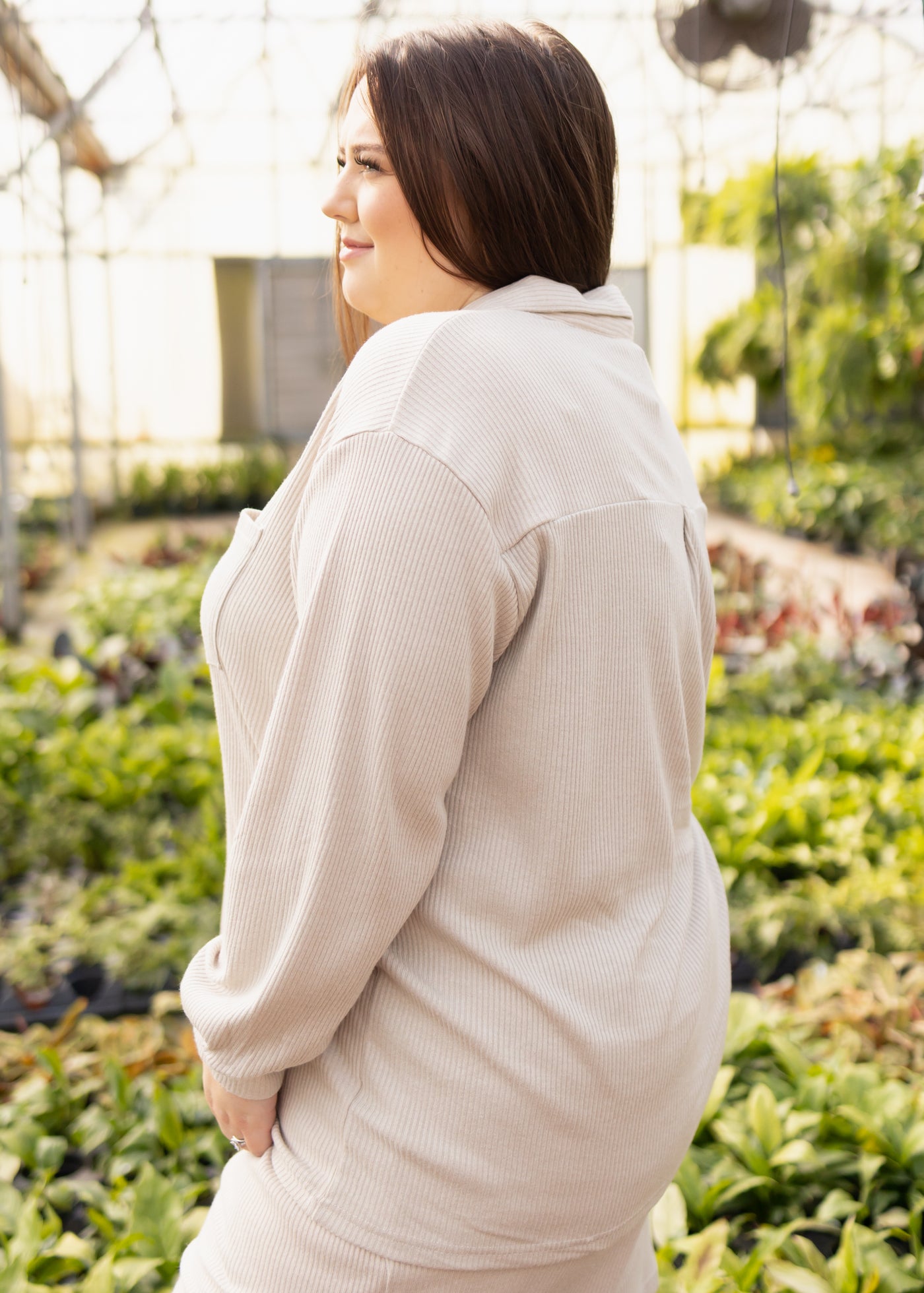 Side view of a taupe top