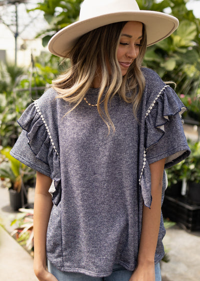 Short sleeve denim blue top with ruffles