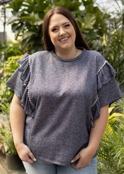 Short sleeve plus size denim blue top with ruffles