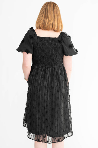 Back view of a medium black dress