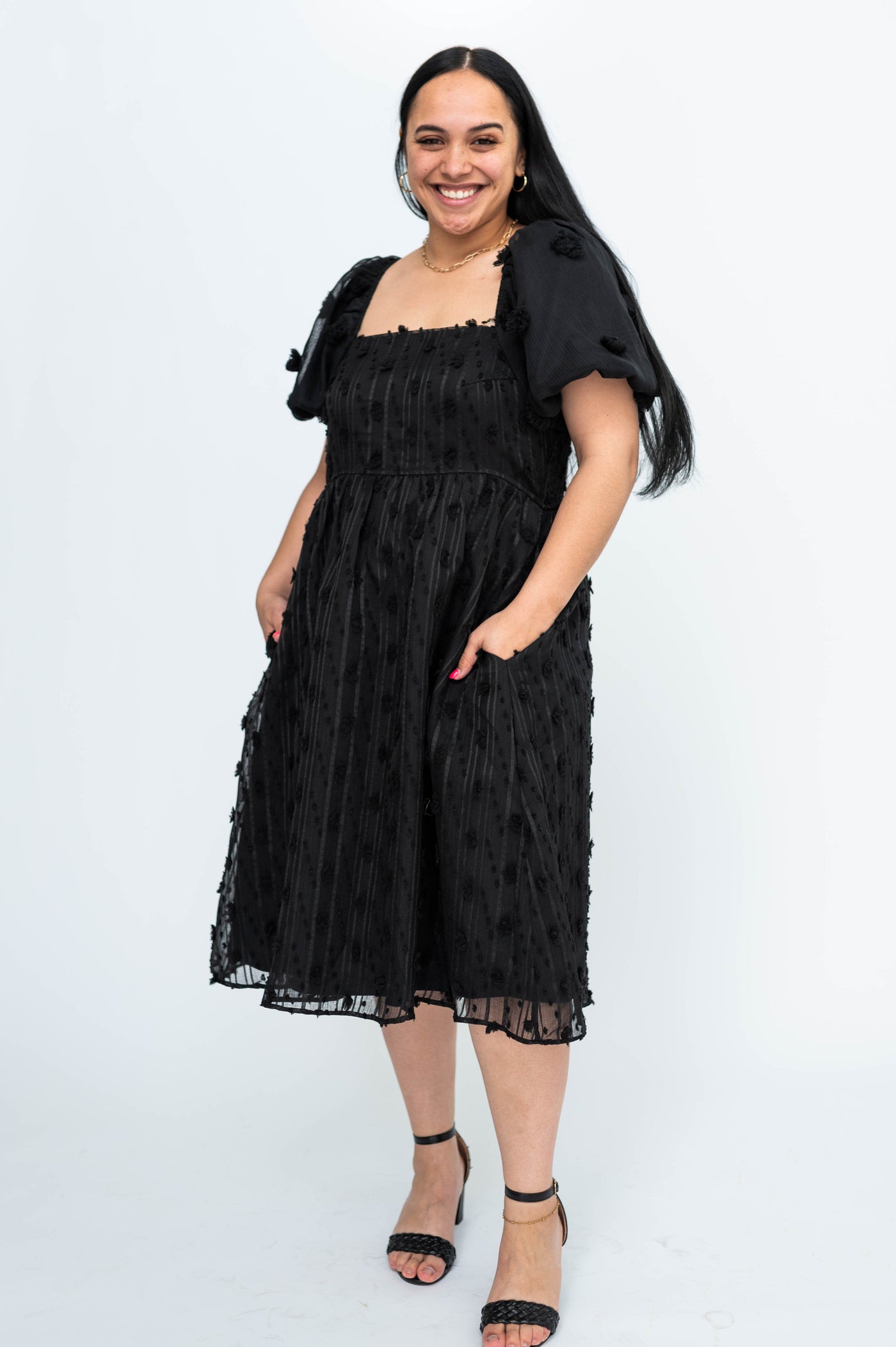 Short sleeve large black dress with square neck