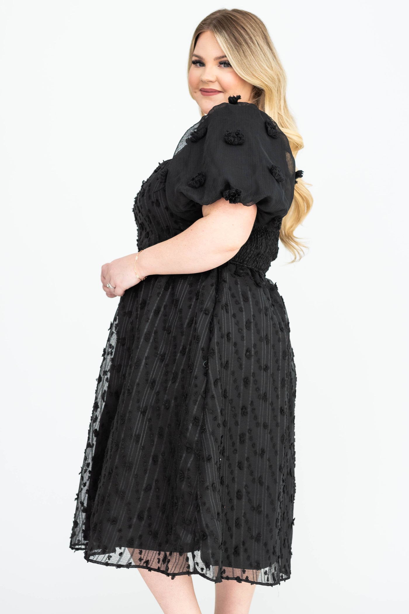 Side view of a plus size black dress