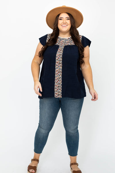 Plus size navy top with floral insert