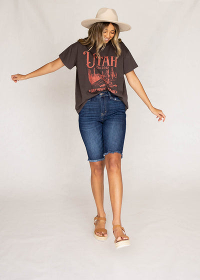 Indigo Bermuda Shorts with frayed hem