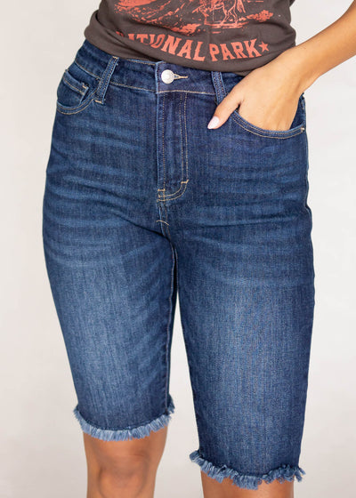 Front view of indigo bermuda shorts