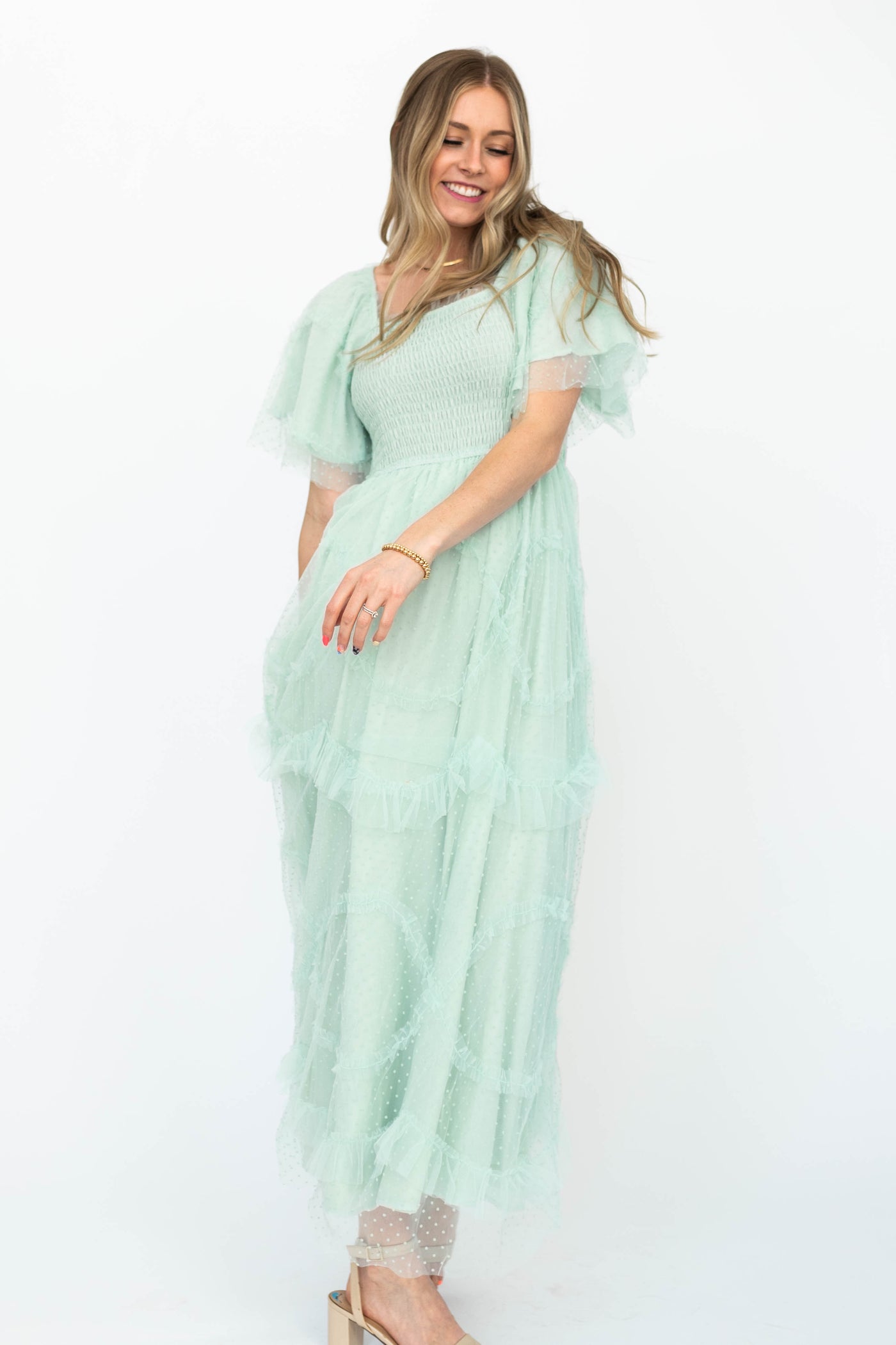 Short sleeve mint dress with tiered skirt
