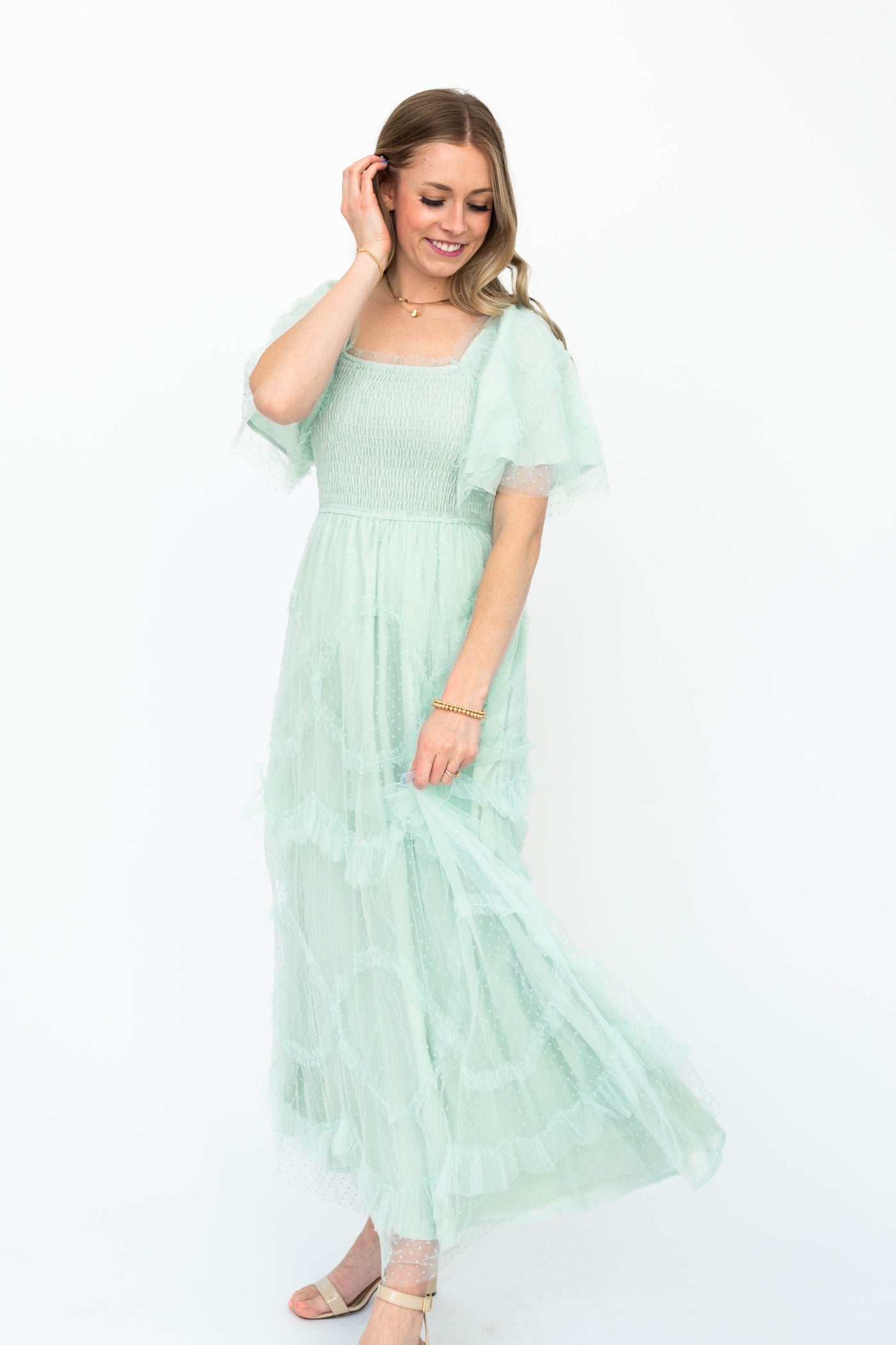 Short sleeve mint dress with smocked bodice and tiered skirt