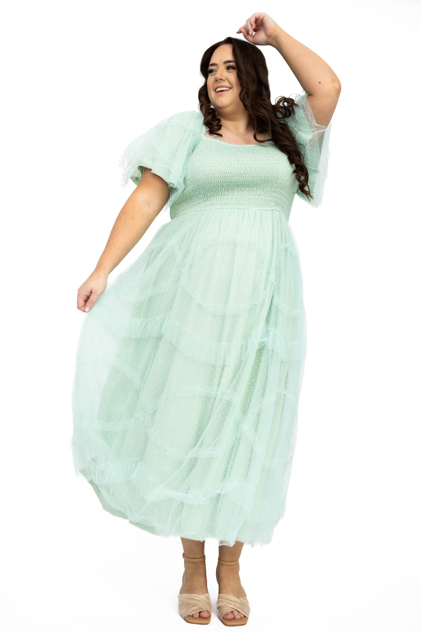 Plus size tulle mint dress with short sleeves