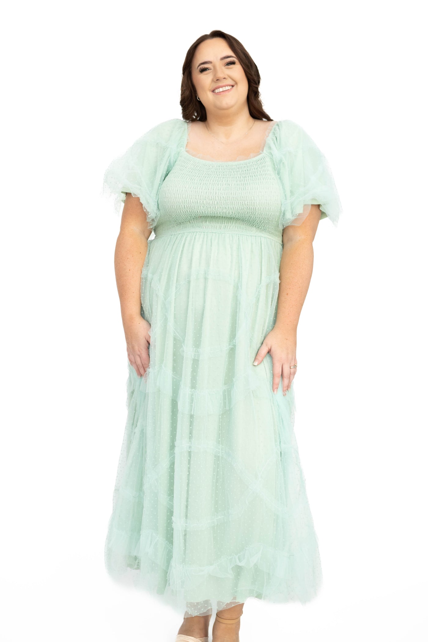 Plus size mint dress with smocked bodice