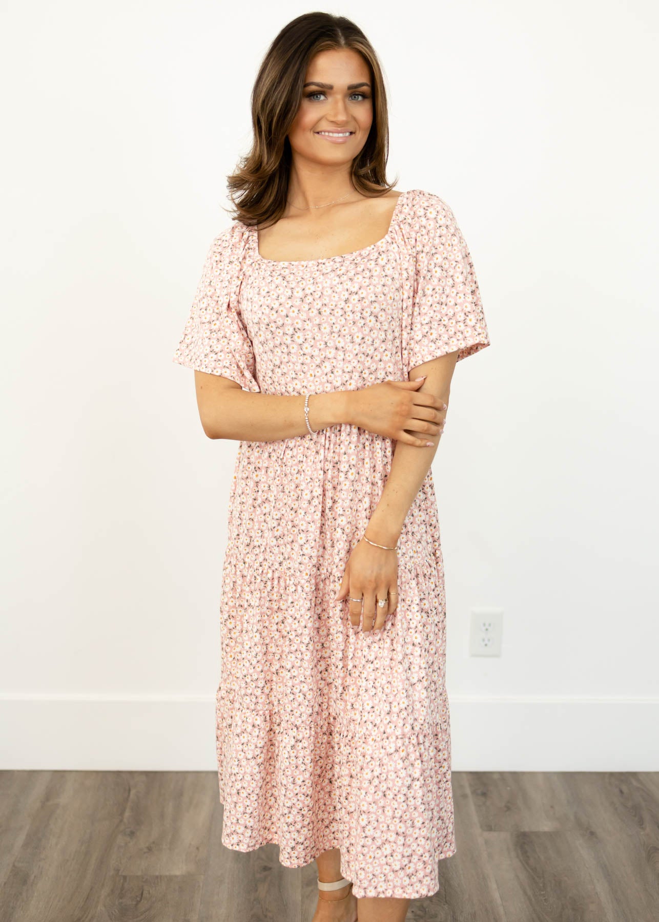 Blush floral dress with a square neck
