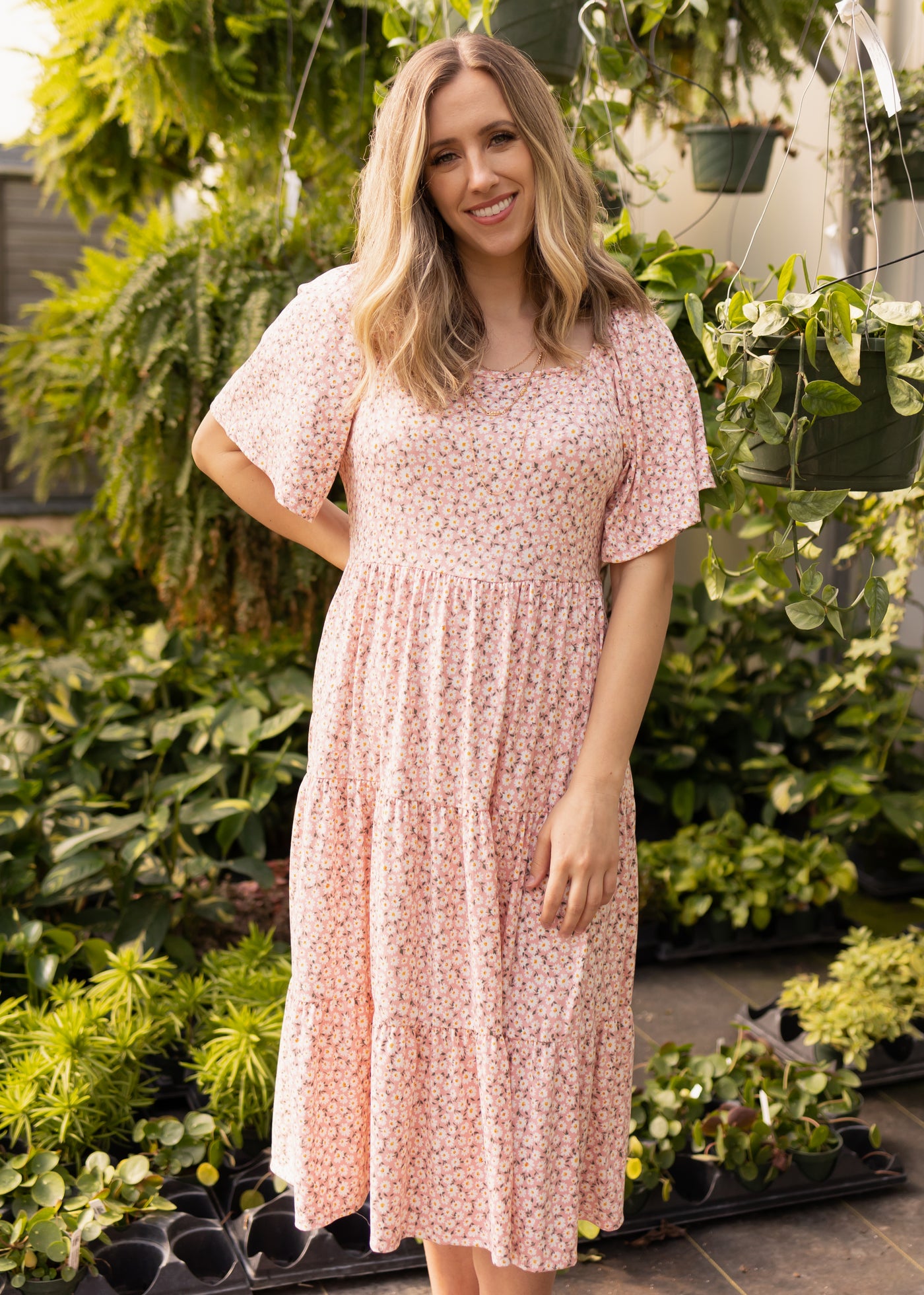  Blush floral dress with white floral pattern