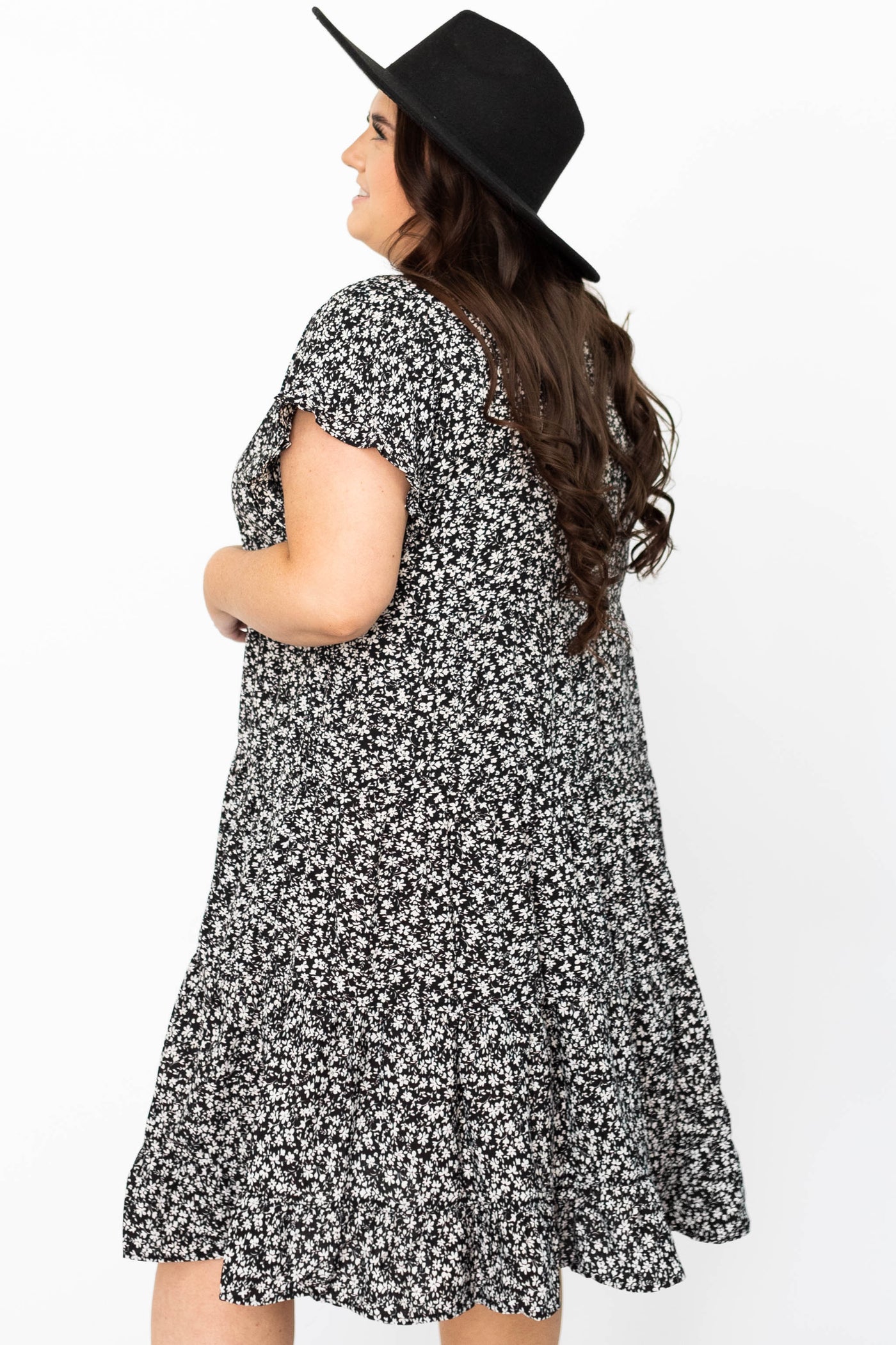 Side view of a black floral dress