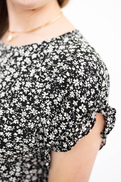 Fabric pattern of a black floral dress