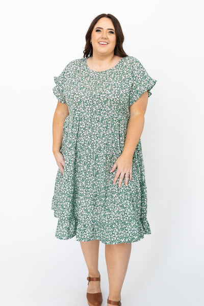Short sleeve plus size green floral dress