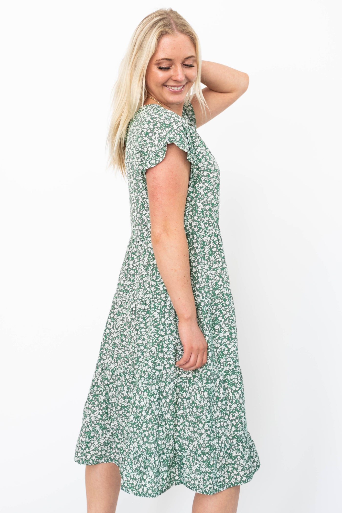 Side view of a green floral dress