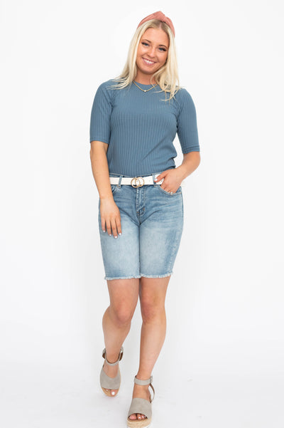 Short sleeve blue ribbed top