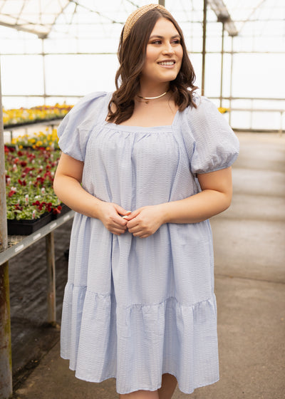 Short sleeve plus size light blue dress with a square neck