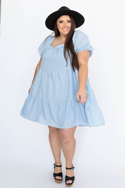 Short sleeve plus size light blue dress