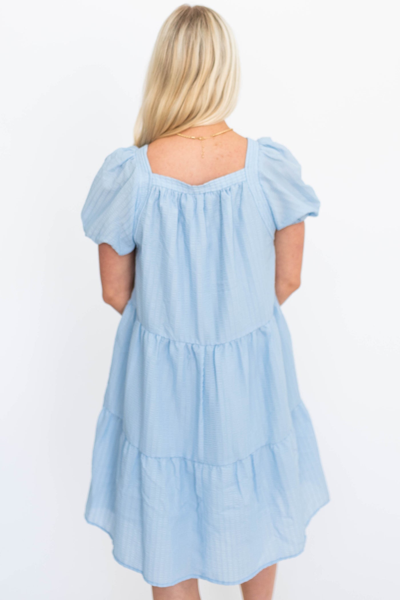 Back view of a small light blue dress