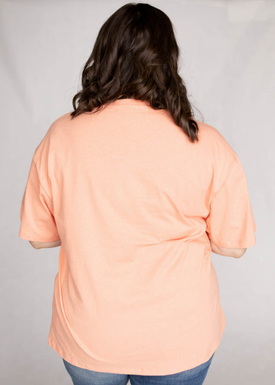 Back view of a plus size salmon top