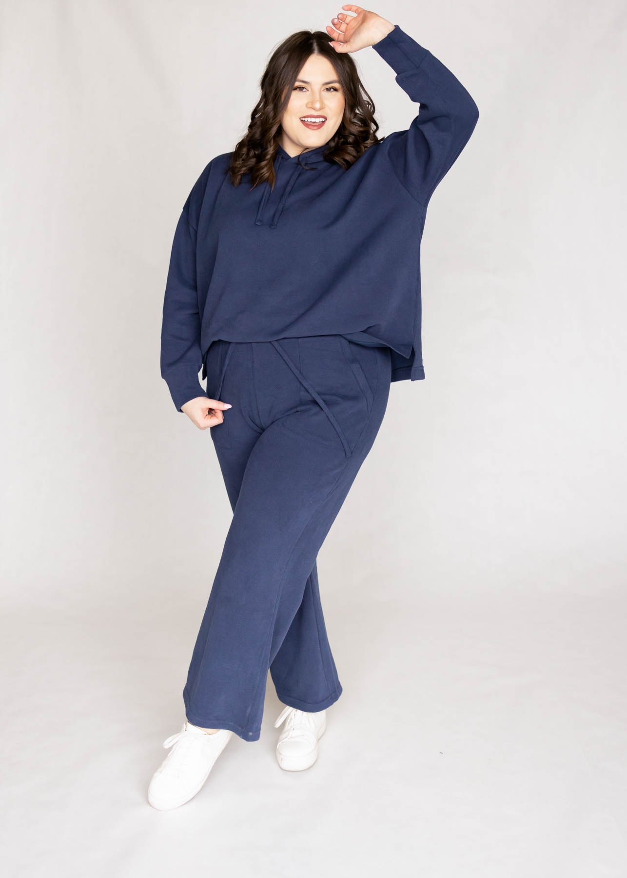 Plus size long sleeve dark blue sweatshirt with a hood