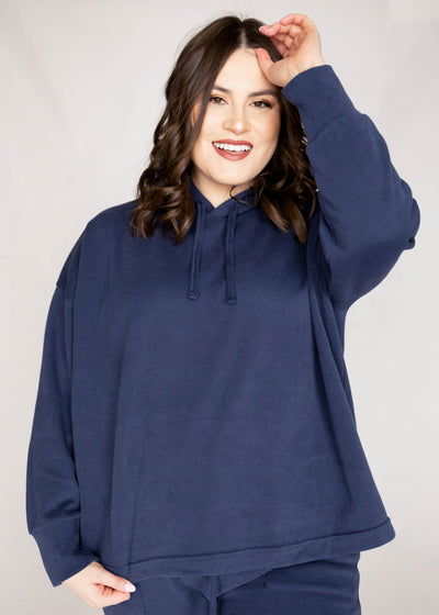 Plus size dark blue sweatshirt with a hood