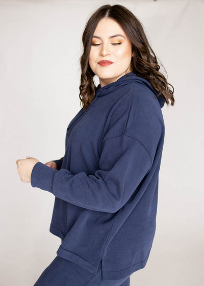 Side view of a dark blue sweatshirt