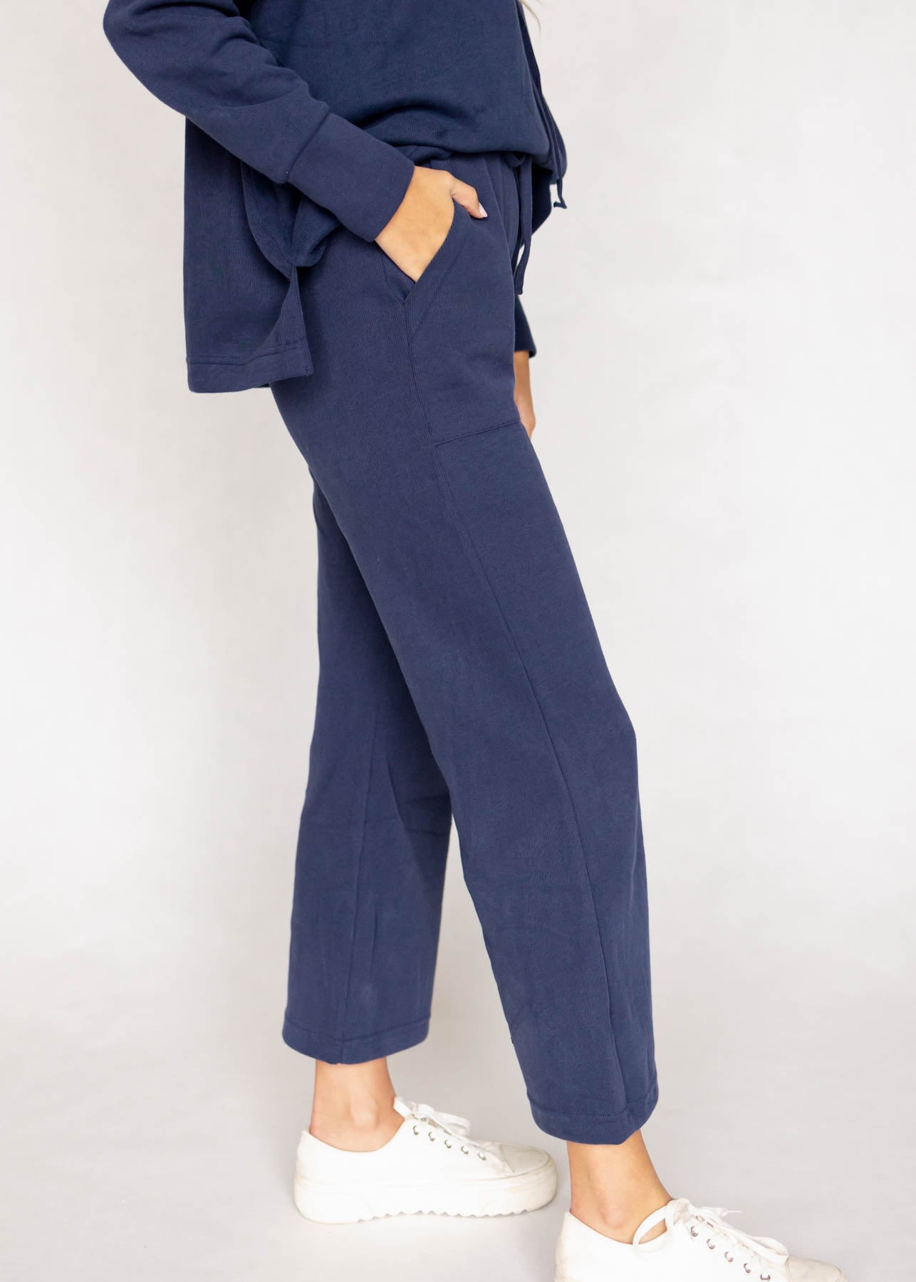 Side view of dark navy pants