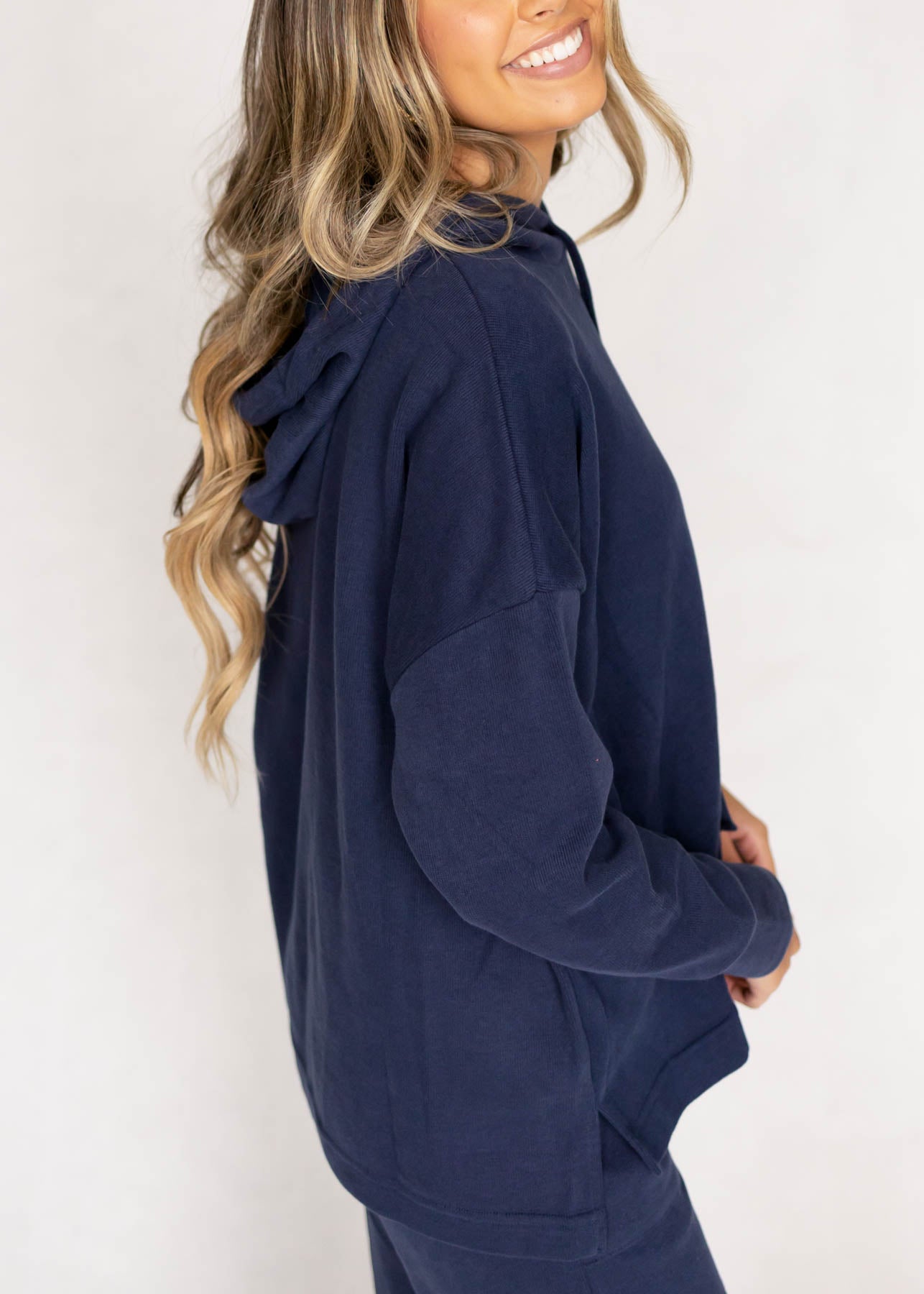 Side view of a dark navy top
