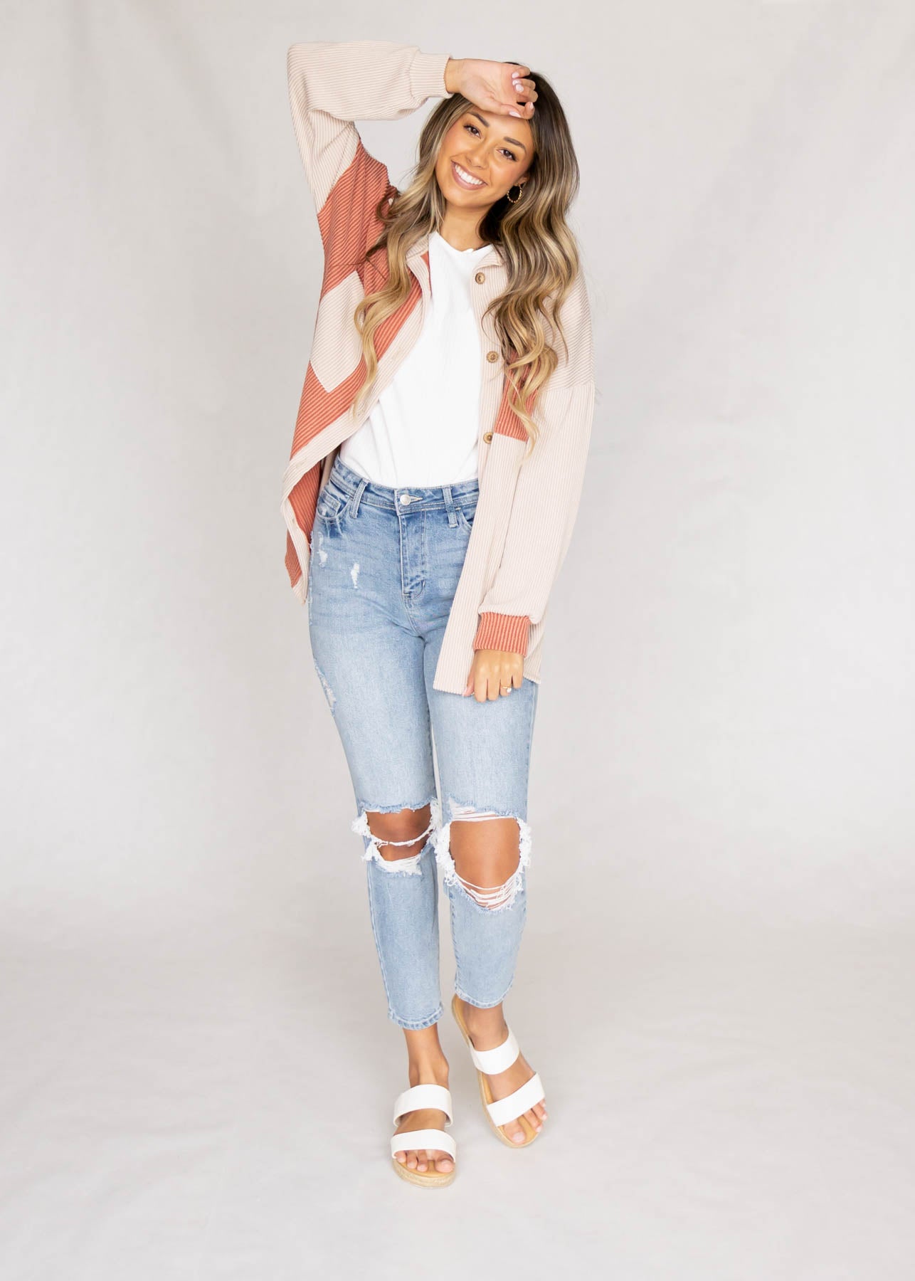 Long sleeve cream shacket with coral color blocks