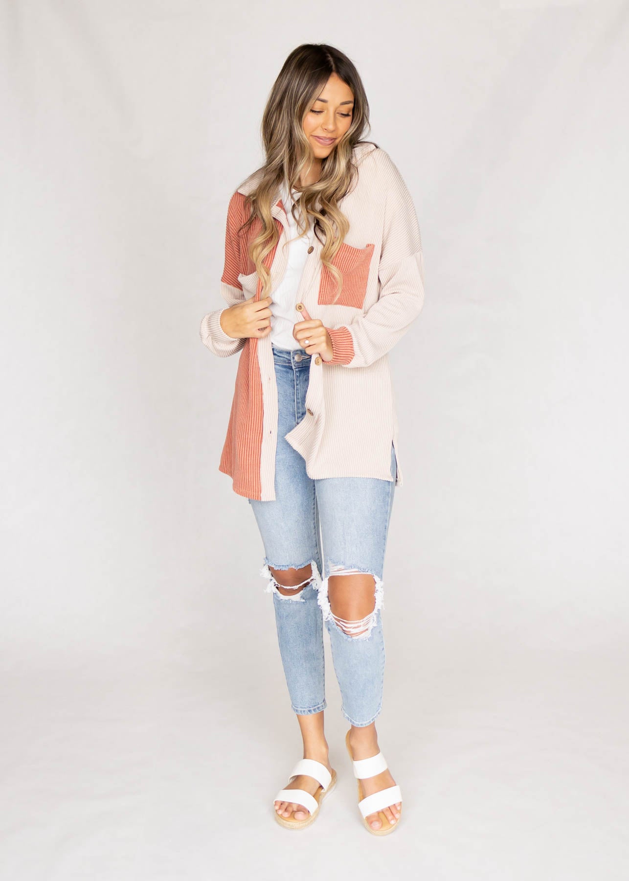 Long sleeve cream shacket with pockets