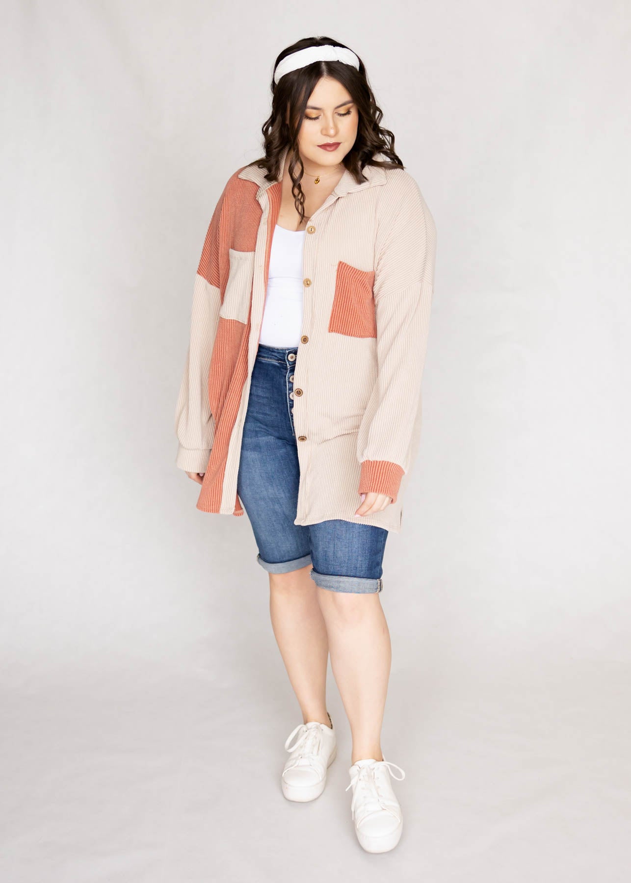 Long sleeve plus size cream shacket with pockets