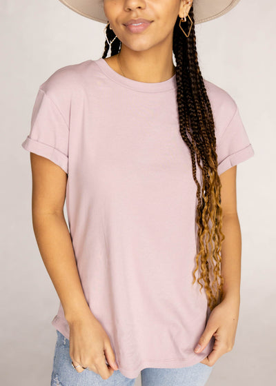 Short sleeve dusty mauve top with rolled cuffs