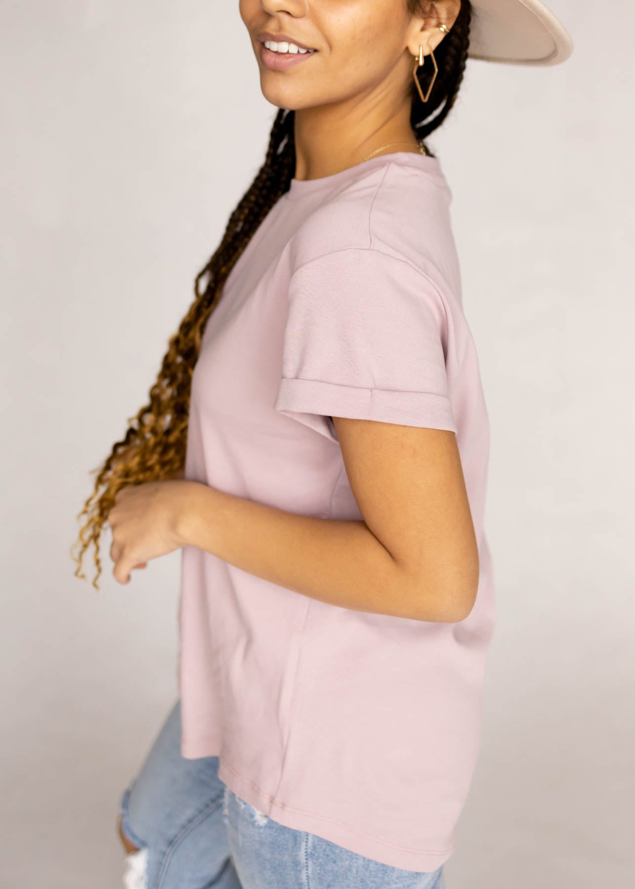 Side view of a dusty mauve top