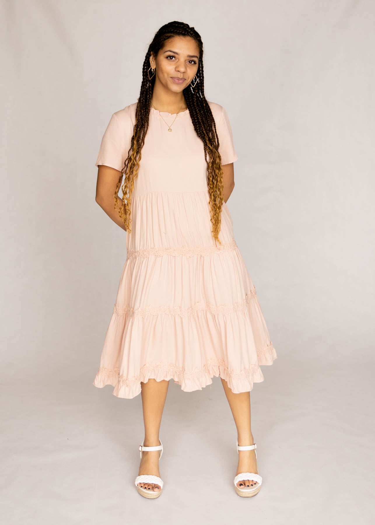 Short sleeve blush tiered dress with lace trim