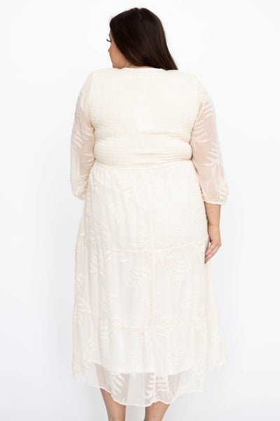 Back view of a plus size cream dress