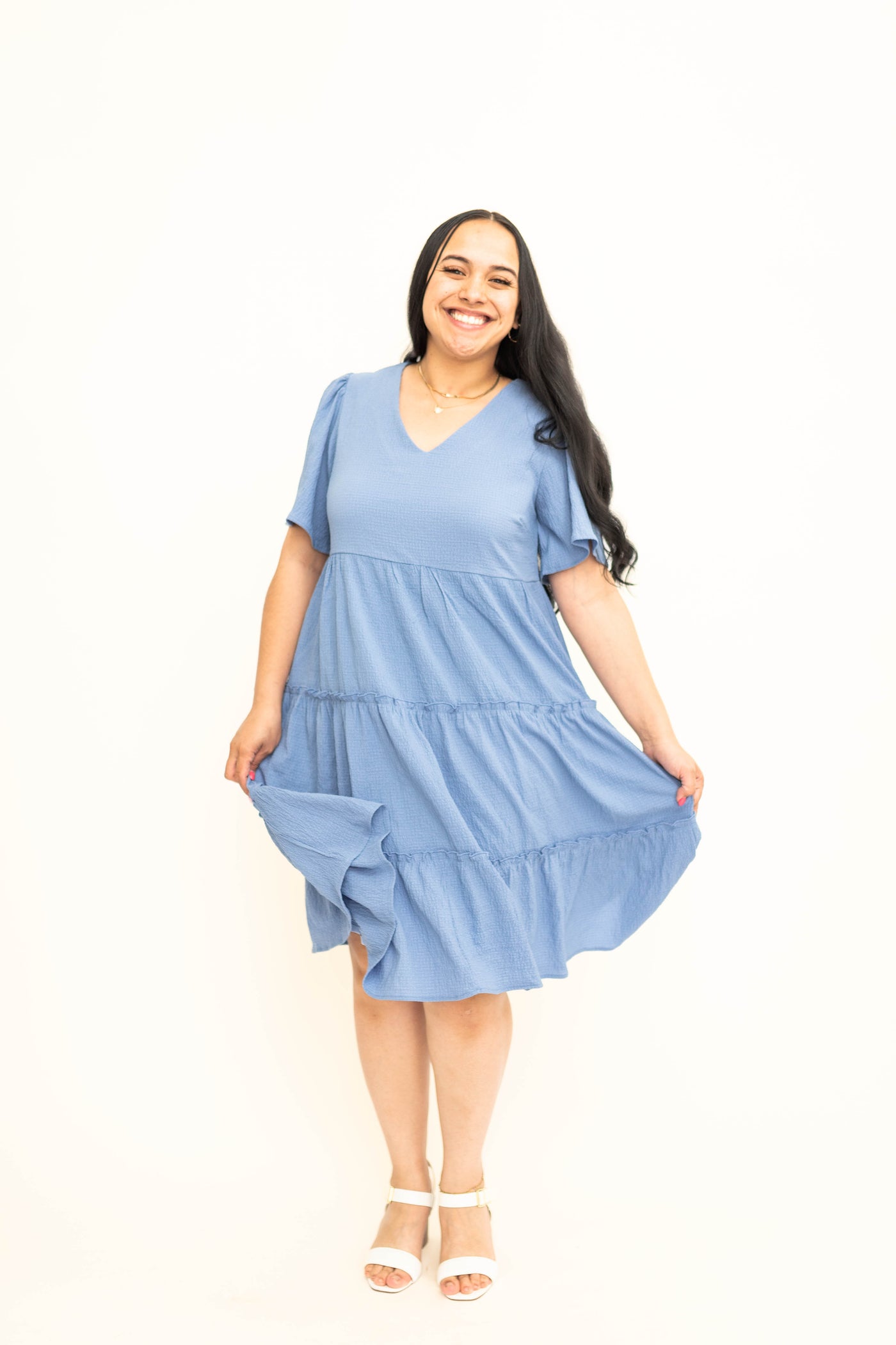 Large short sleeve blue tiered dress