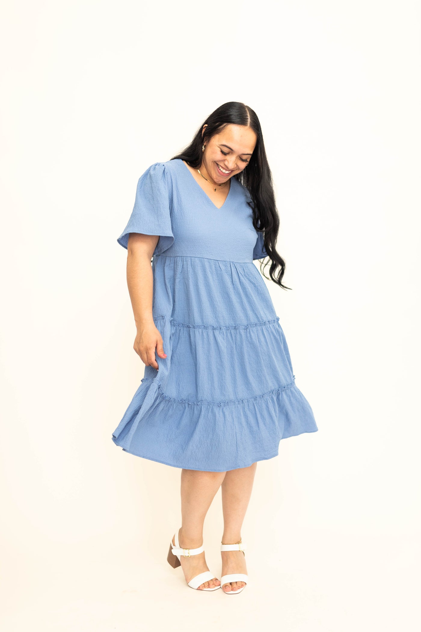 Large blue tiered dress