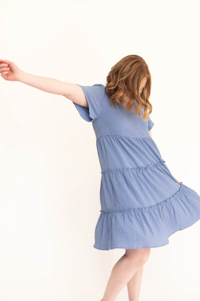 Knee length short sleeve blue dress