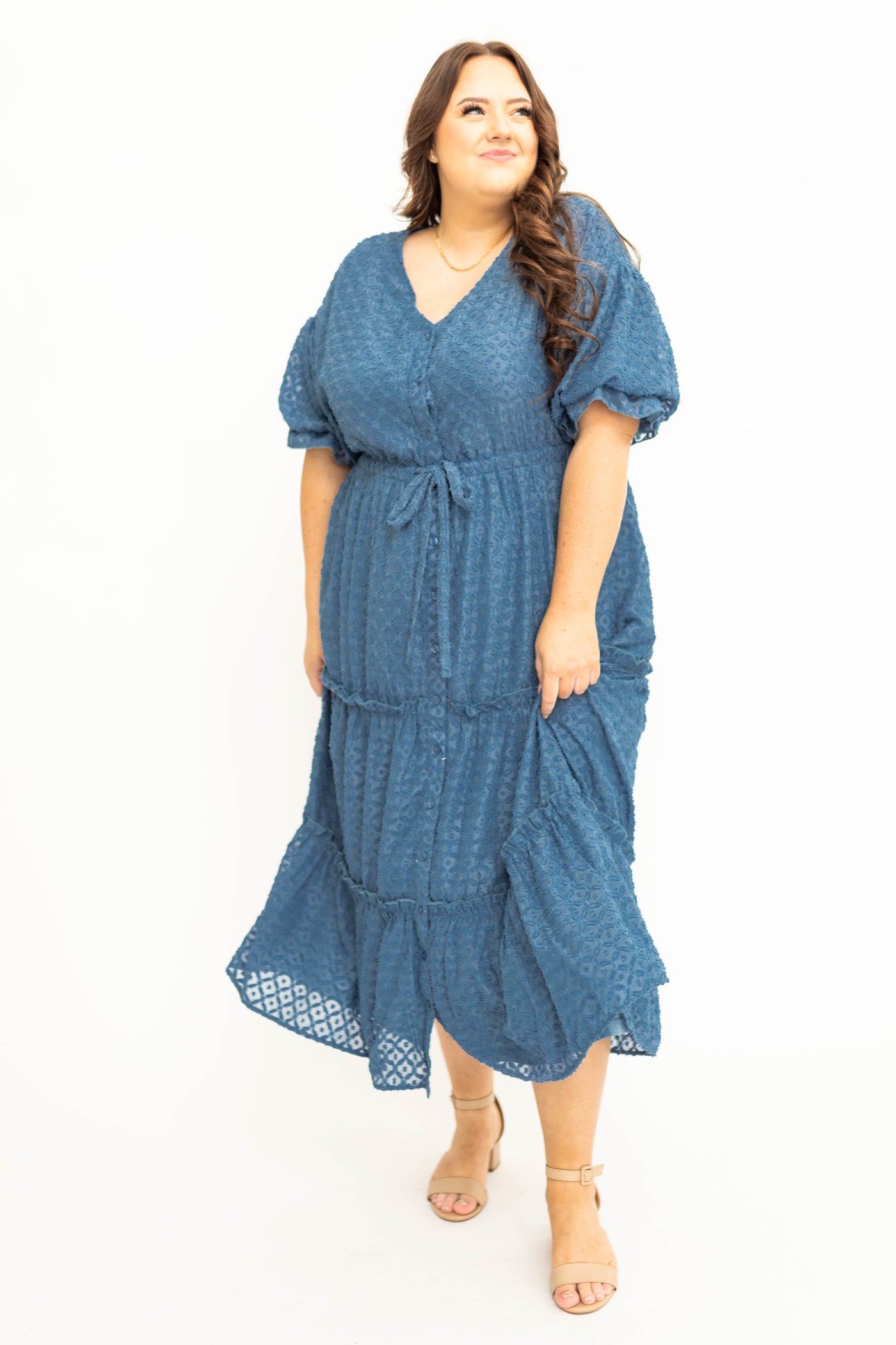 Plus size denim blue dress with buttons on bodice