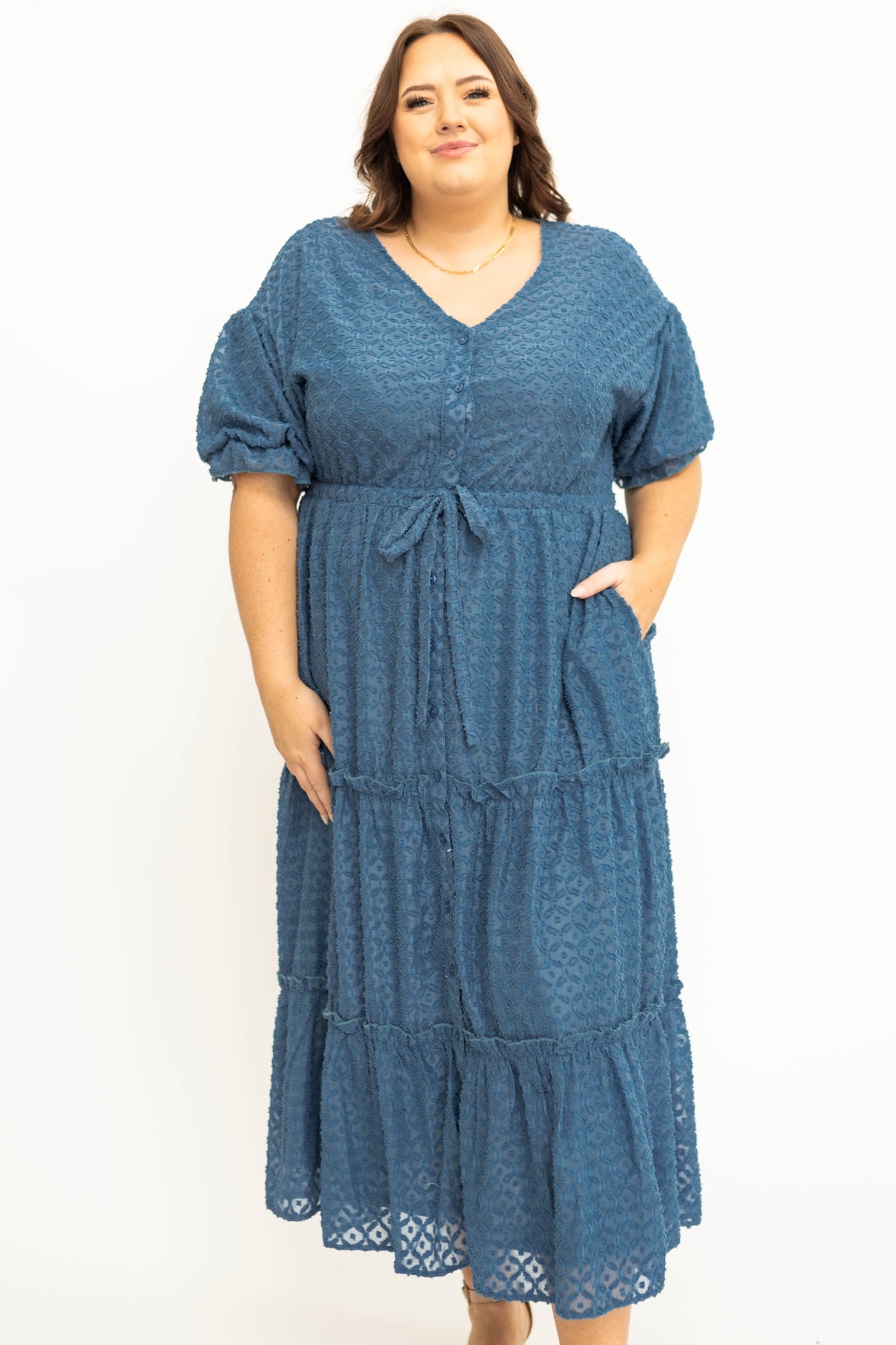 Short sleeve plus size denim blue dress with tiered skirt