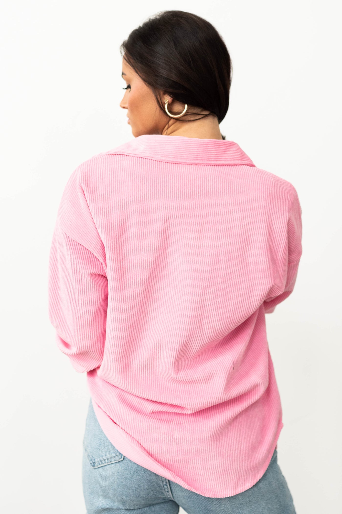 Back view of a pink shacket