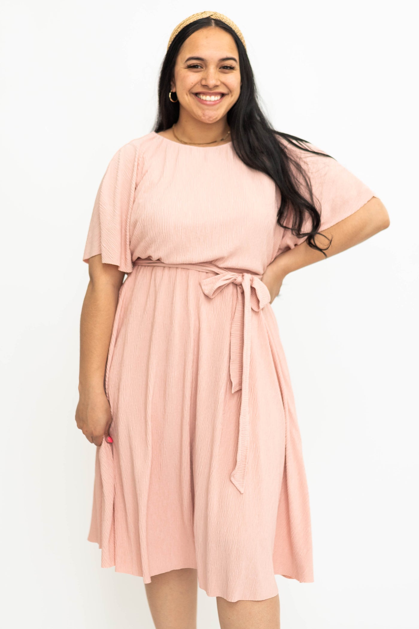 Large short sleeve knee length pink dress