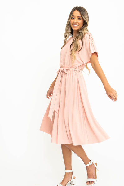 Short sleeve knee length pink dress