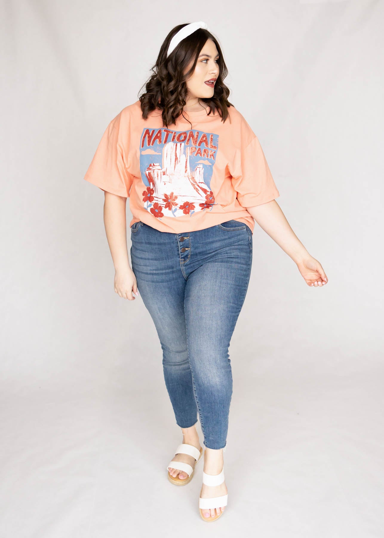 Plus size national park salmon top with short sleeves