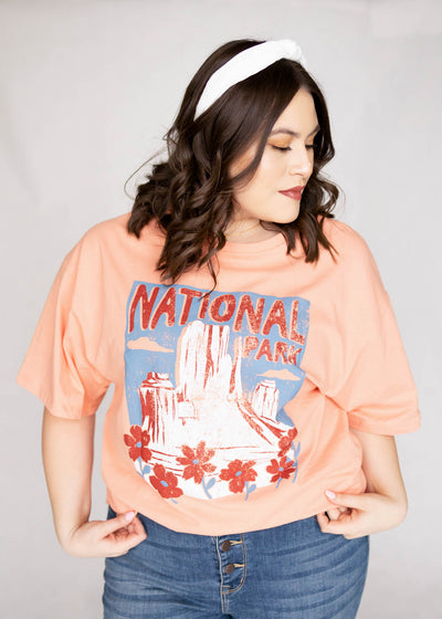 Short sleeve plus size National Park salmon top