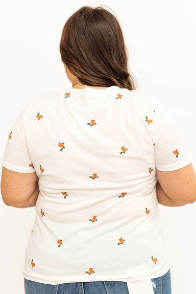 Plus size white top with coral flowers