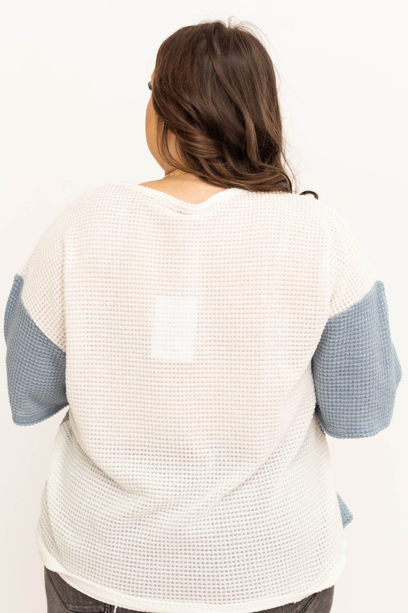 Back view of a plus size blue knit top