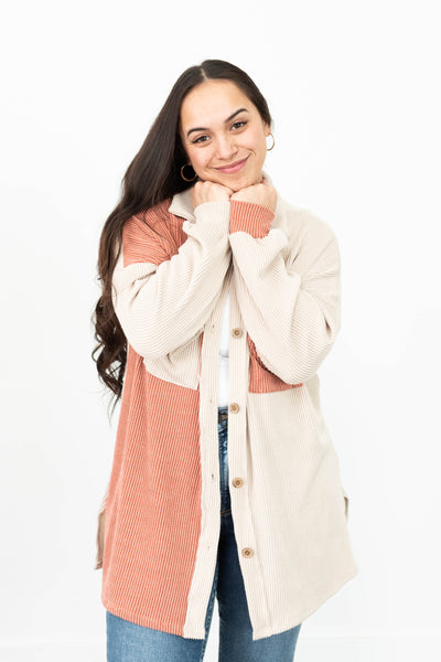 Button up taupe ribbed shacket