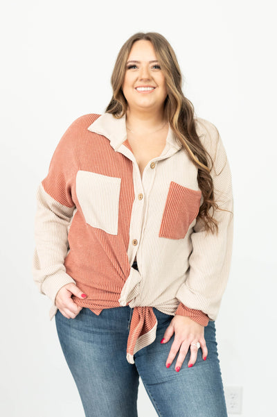 Long sleeve taupe ribbed shacket